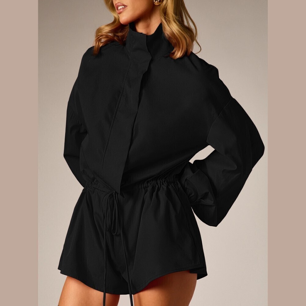 Black Woven Stand Collar Drawstring Waist Long Sleeve Oversized Romper